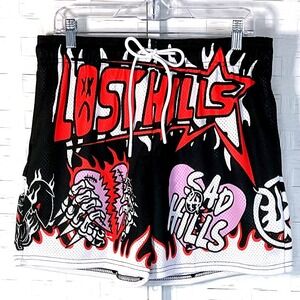 Lost Hills Sad Boys Mesh Shorts Mens‎ Large Black Skeleton Hand Graffiti Flames